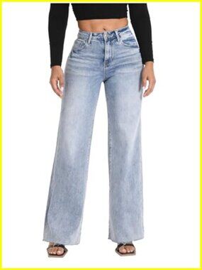 High Waisted Wide Leg Tummy Control Stretchy Baggy Denim Jeans Women Raw Hem